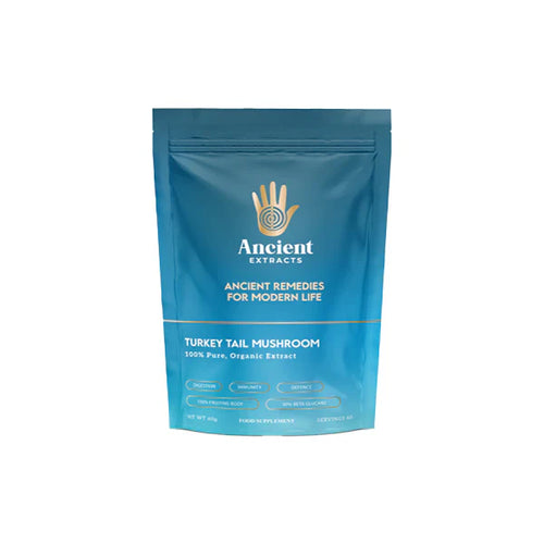 Blue package of Ancient Extracts Turkey Tail Mushroom on a white background