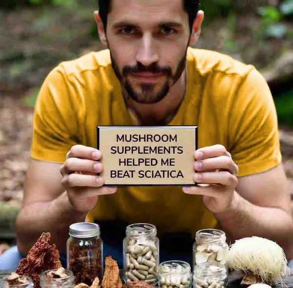 Man holding a sign about mushroom supplements in a natural setting with jars and mushrooms.