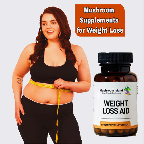 Woman measuring waist with a bottle of Mushroom Island Weight Loss Aid supplement.