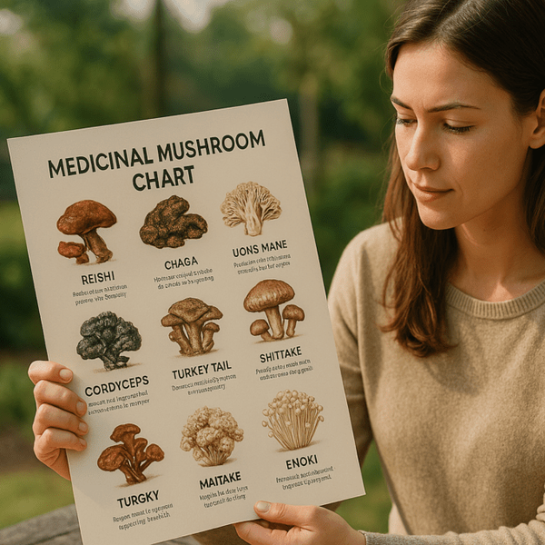 woman holding a medicinal mushroom chart